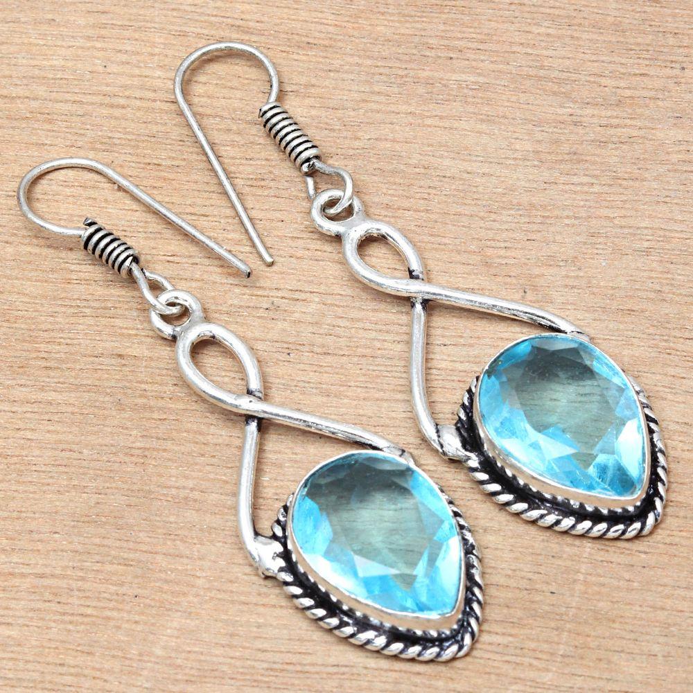 Swiss Blue Quartz Gemstone Handmade Gift For Her Silver Jewelry Earrings 2"