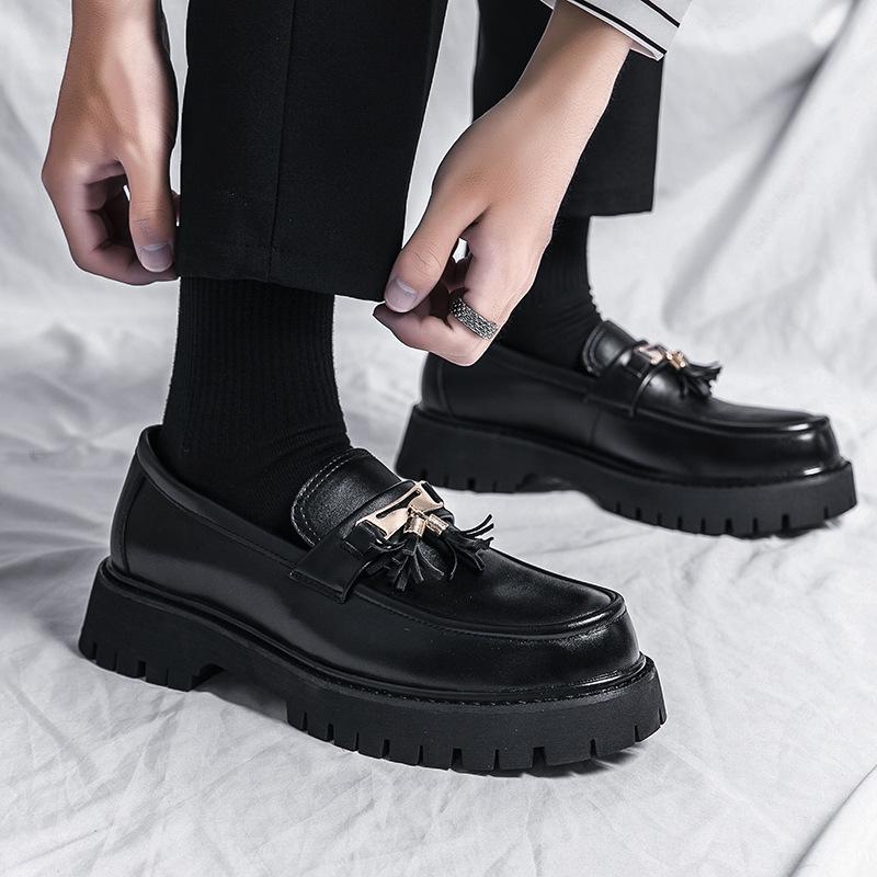 Men's Black Tassel Leather Slip-On Shoes - Autumn New Style Thick Sole, Big Toe, Fashionable Casual Low-Top