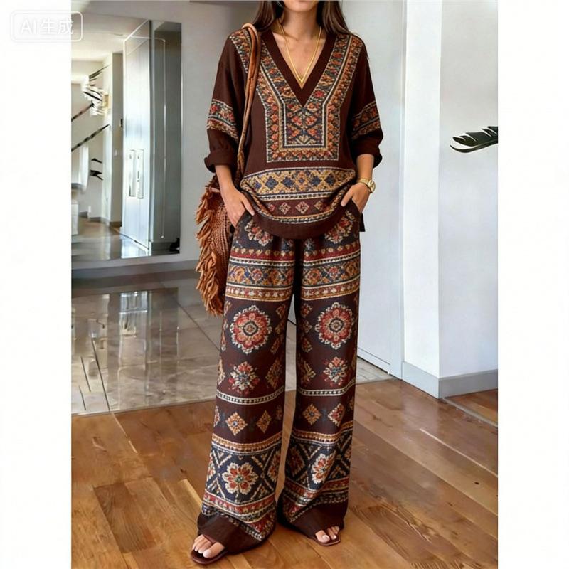 Loose casual y1 new v-neck top wide-leg pants two-piece women's clothing European and American fashion suit