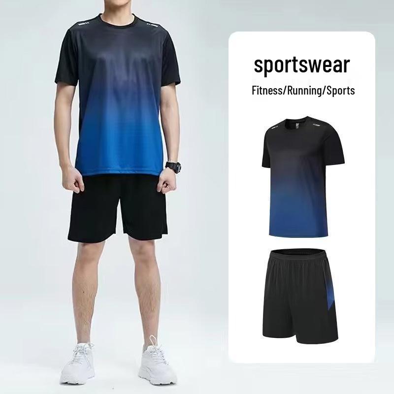 

Мужской спортивный комплект с градиентным тай-дай и коротким рукавом – летние шорты из ледяного шелка для бега и фитнеса, двухпредметный M 38-43 kg чёрный/синий
