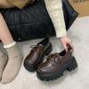 thick-soled brown small leather shoes for women in spring 2025, new lace-up British style versatile loafers, height-increasing single shoes for women