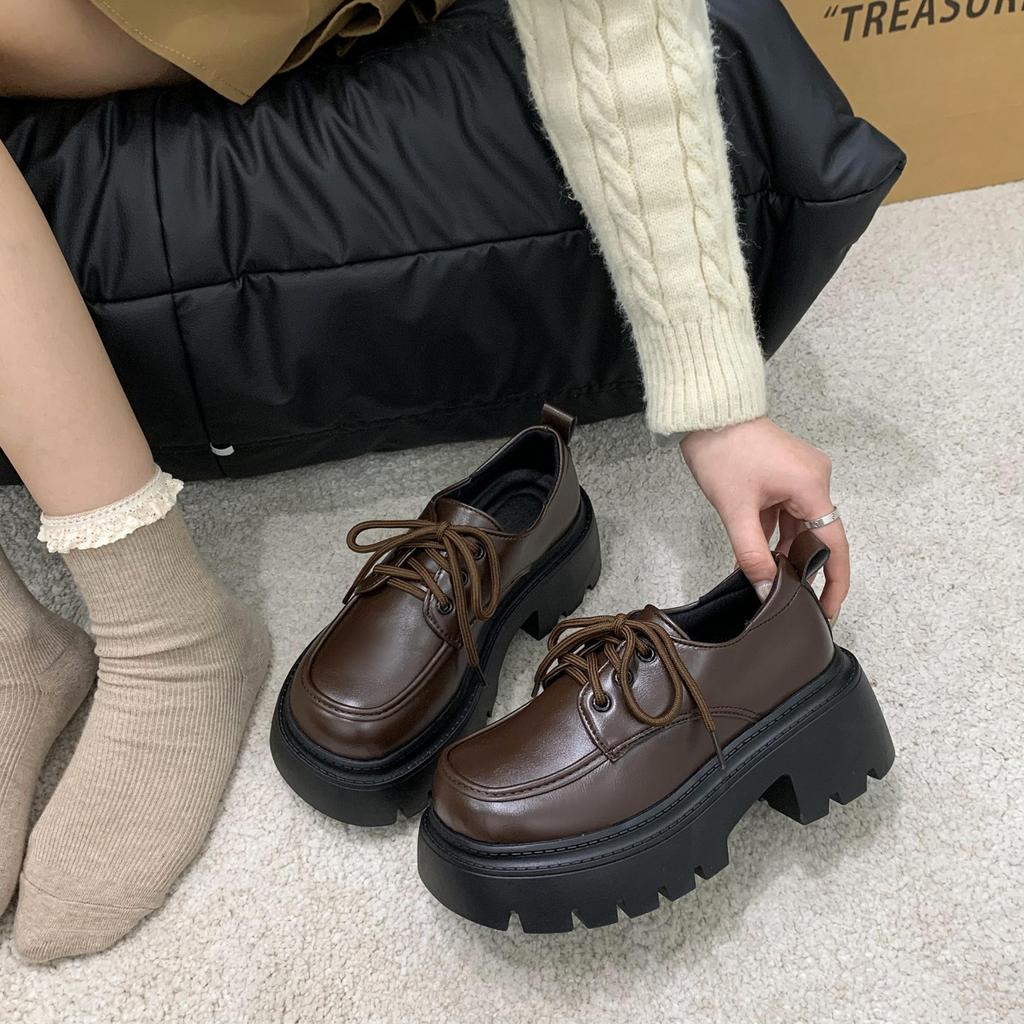 thick-soled brown small leather shoes for women in spring 2025, new lace-up British style versatile loafers, height-increasing single shoes for women