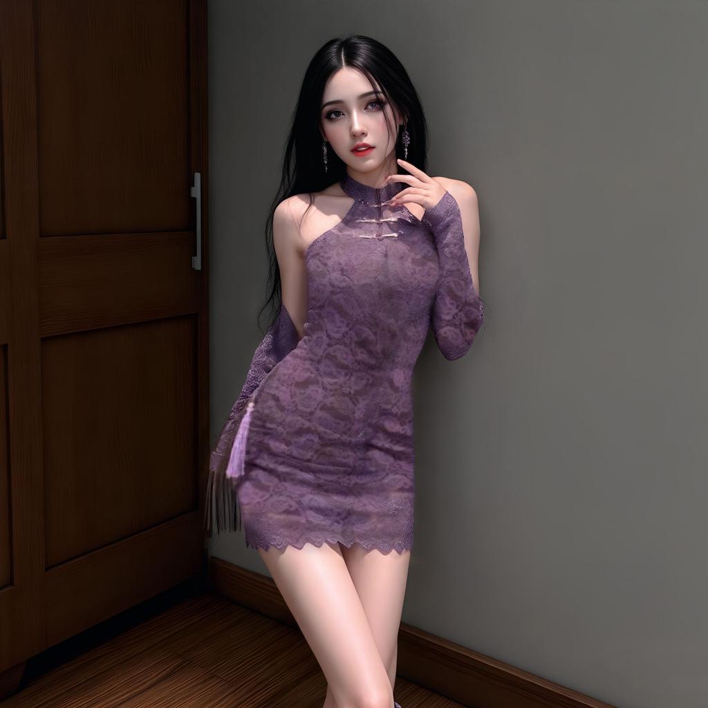 Sex underwear sexy off-the-shoulder cheongsam new Chinese buckle lace slim fit pure desire purple shawl