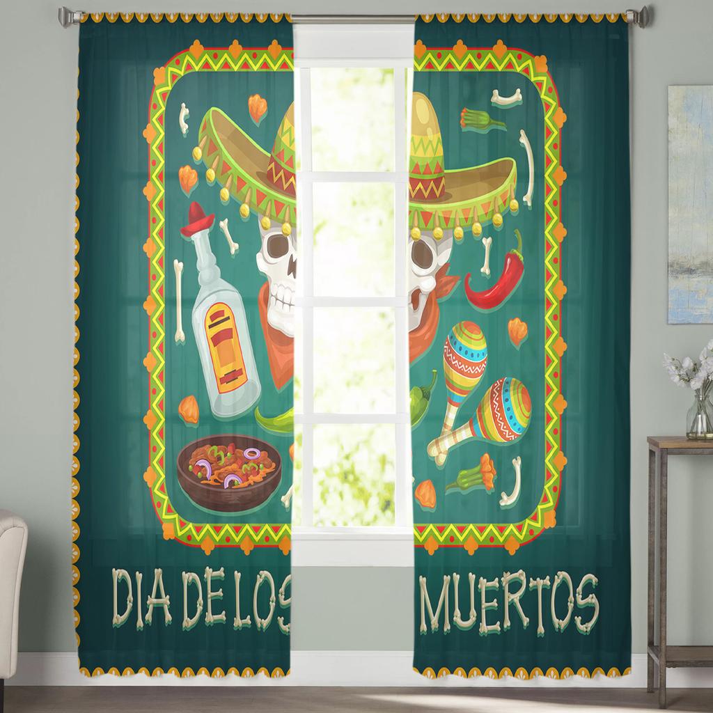 Mexican Festival Food Skull Sheer Curtains Window Tulle Curtains For Living Room Bedroom For Kitchen Veiling Curtains Decoration