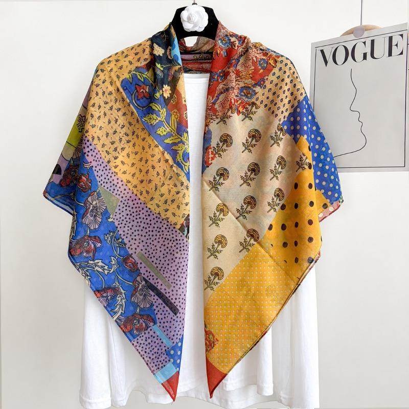 [Variety sunscreen shawl retro printed square scarf women's summer silk cotton silk scarf