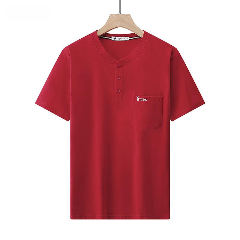 Dad's Monk Collar Short-Sleeve Cotton T-Shirt with Pockets - Loose Fit for Middle-Aged Men, Perfect for Summer