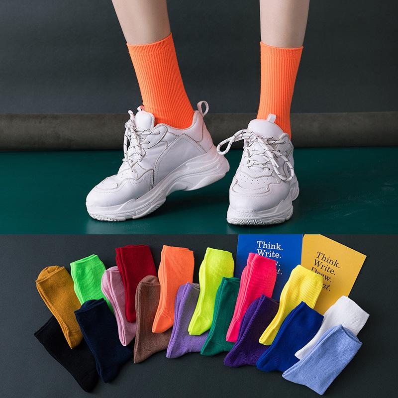 Colorful Harajuku Retro Women Lady Cotton Socks Fluorescent  Neon Color Korean Purple Yellow Pink Designer Skateboard Cool Cute