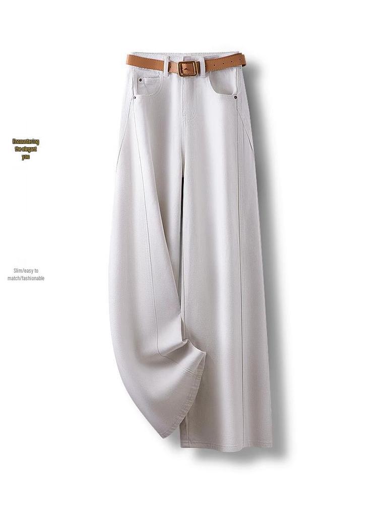 Women's White Wide-Leg High-Waisted Spring Jeans - Casual Loose Straight-Leg Floor-Length Pants