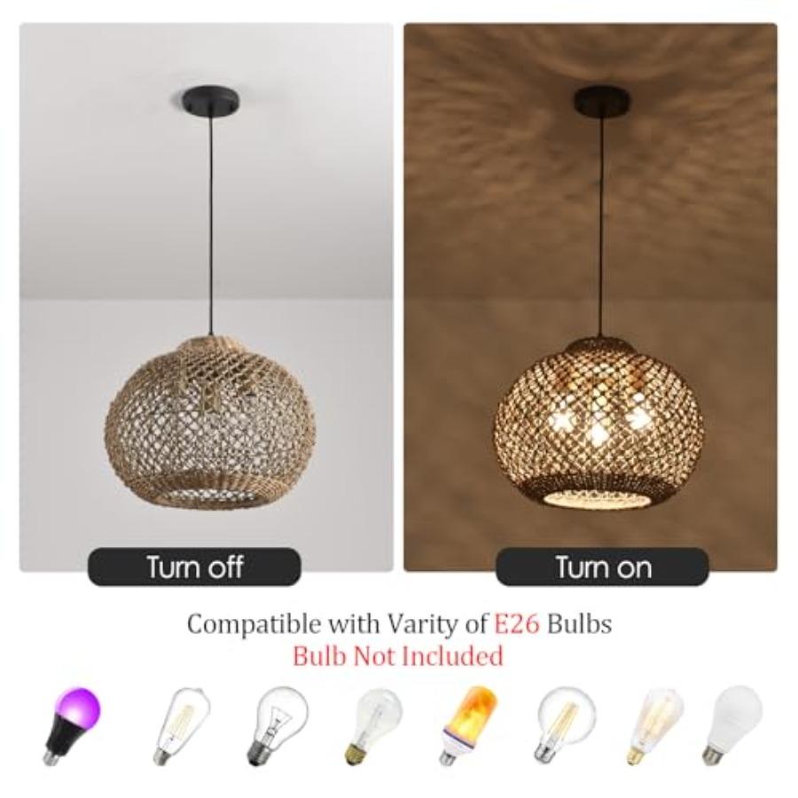 17 Rattan Pendant Light 3-Light Hand Woven Wicker Seagrass Hanging Light Boho Water Plants Rattan Chandelier for Dining Living