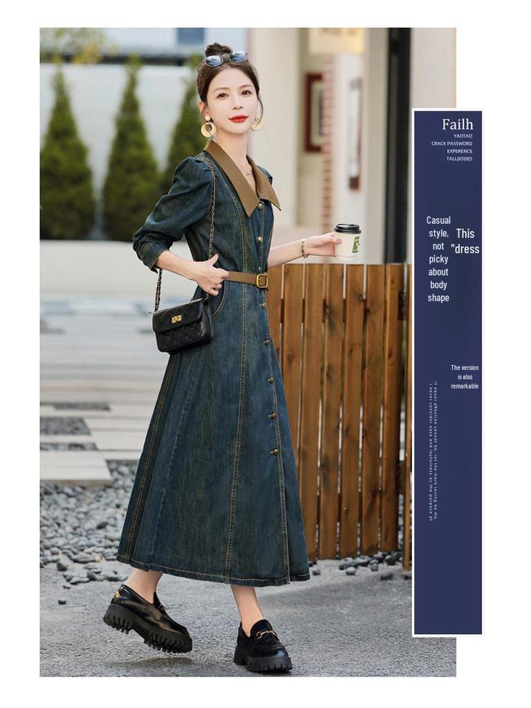 Autumn 2023 Retro Denim A-line Dress: Women's Long Sleeve, Waist-Slimming, Medium Length, Lapel Style