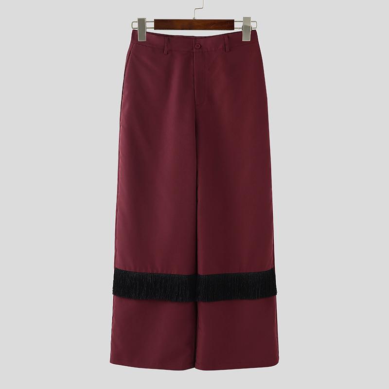 

INCERUN Men Zipper High Waist Casual Patchwork Hem Long Straight Pants Trousers 5XL вино красного