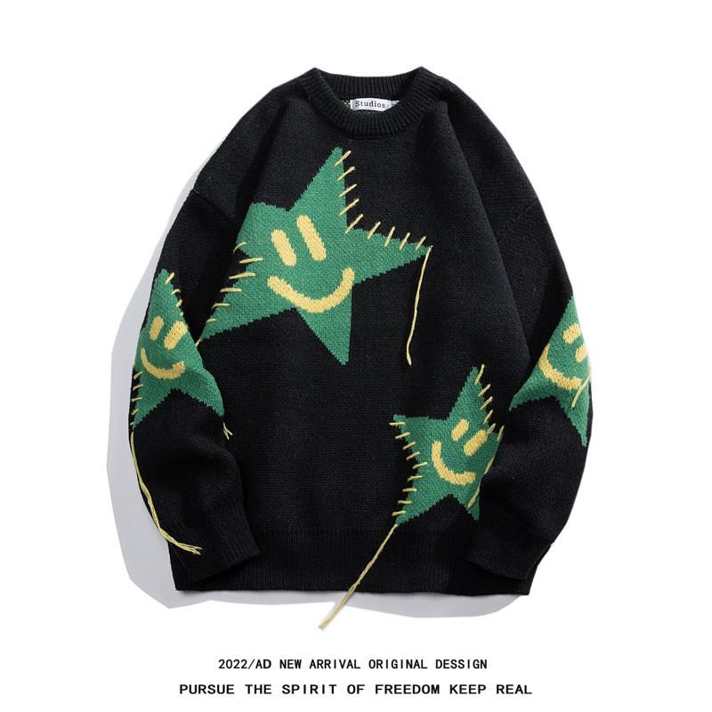Oversized Chunky Knit Sweater With Contrast Star Unisex Winter Casual Pullover Men Women