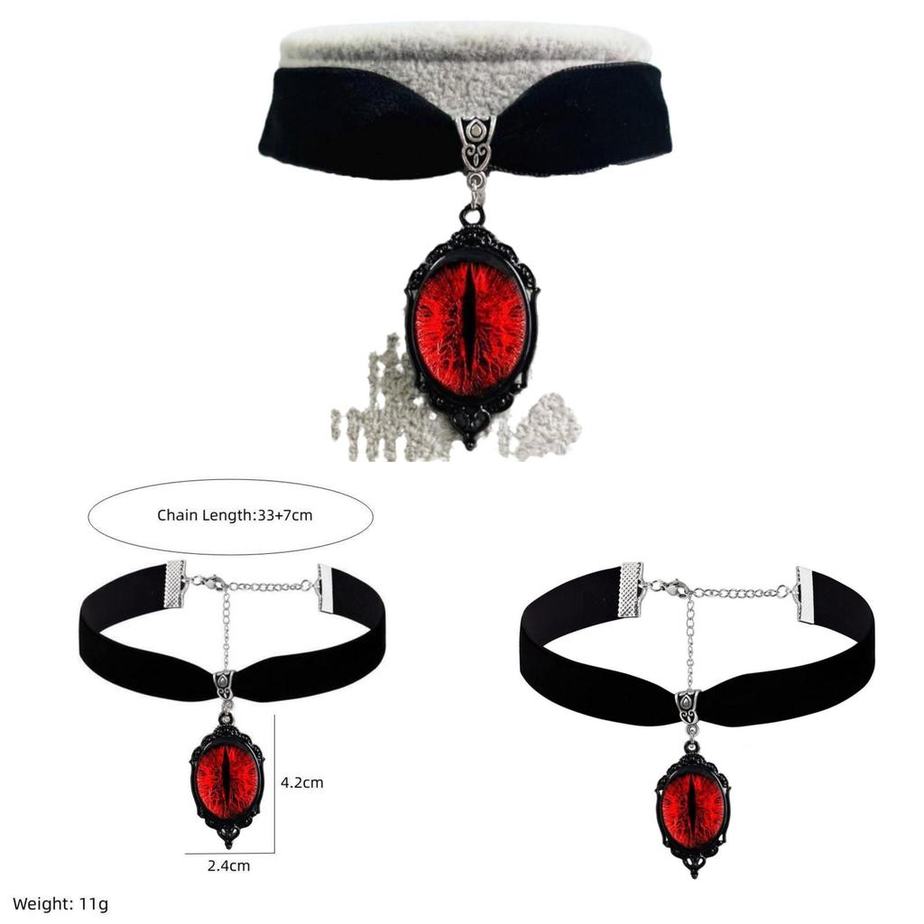 Gothic Vampire Pendant Necklace With Red Eyes And Velvet Chain For Women