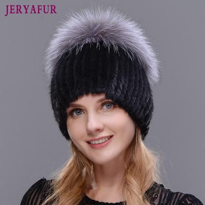 Chapeaux d'hiver Chapeaux en vraie fourrure de vison Chapeaux en fourrure de renard tricotés Chapeaux pour femmes Chapeaux en fourrure de renard argenté