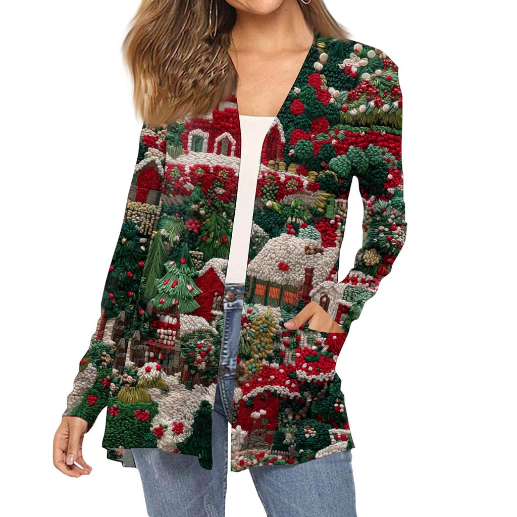 Dámský módní vánoční potisk dlouhý rukáv kapsy slim fit kardigan kabát