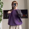 Velvet Floral Patchwork Round Neck Sweatshirt - Retro, Casual & Warm Winter Top for Women