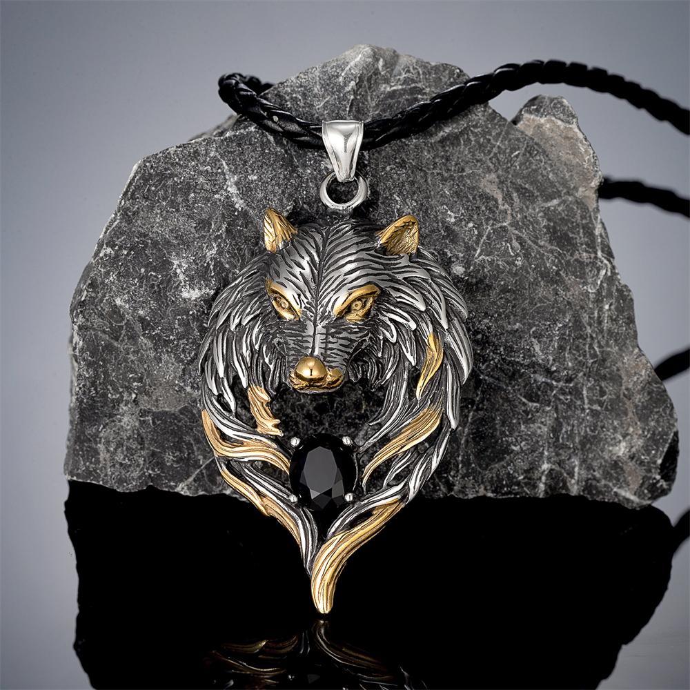 Punk Norse Odins Wolf Necklace Gold Stainless Steel Black Gem Viking Fenrir Pendant Retro Amulet Jewelry for Men 60CM