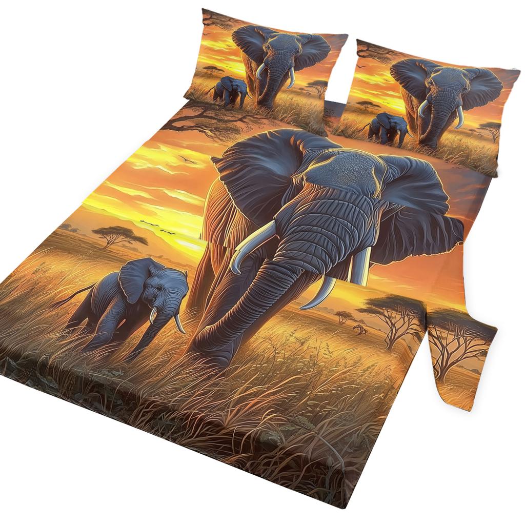 Mother Sunset And Son Elephant 4-Piece Set, Gentle And Wild African Grassland, Suitable For Bedroom Family, Decoration