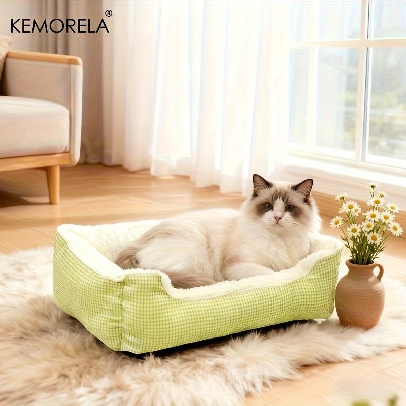 KEMORELA Square Plush Pet Bed for Winter, Pastoral Pet Sofa Bed Macaron-colored Plaid High Elasticity Thickened Comfort Warm