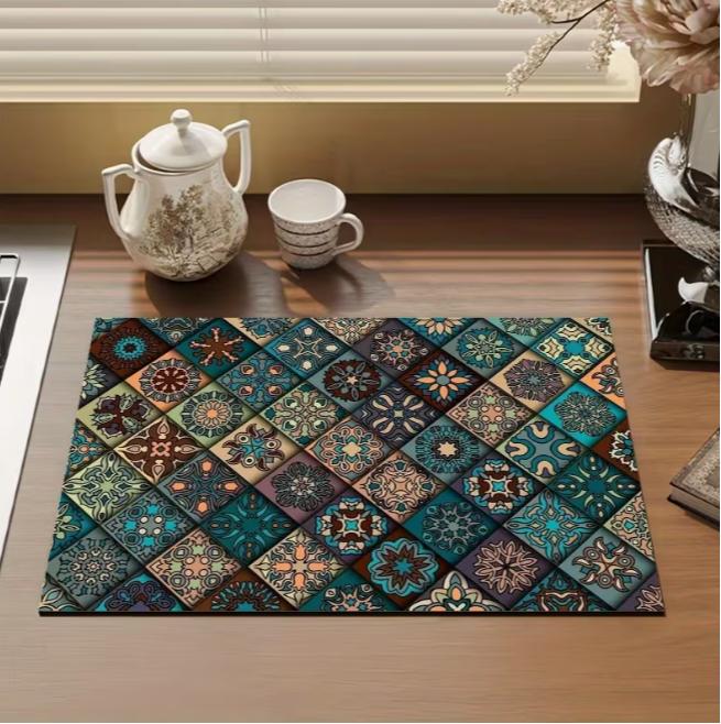 Bohemian Printed Dishwashing Mat Drainage Mat Tableware Drying Mat Coffee Kitchen Mat Laundry Sink Suction Cup Mat Drainage Mat 40cm x 60cm