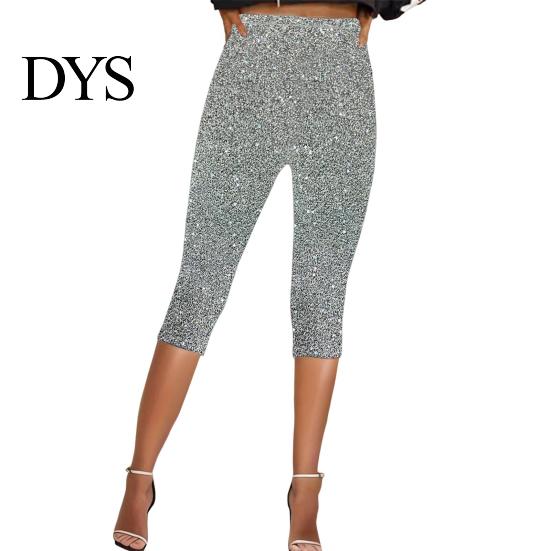 Sequin Bottoms Women Cropped Pants Elastic High Waist Skinny Fit Sequined Calf-length Shiny Sequins Vacation Travel Work Casual Comfortable