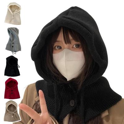 Women Winter Balaclava Hat Thick Warm Knitted Button Closure Windproof Cycling Headwear Adjustable Full Outdoor Trave