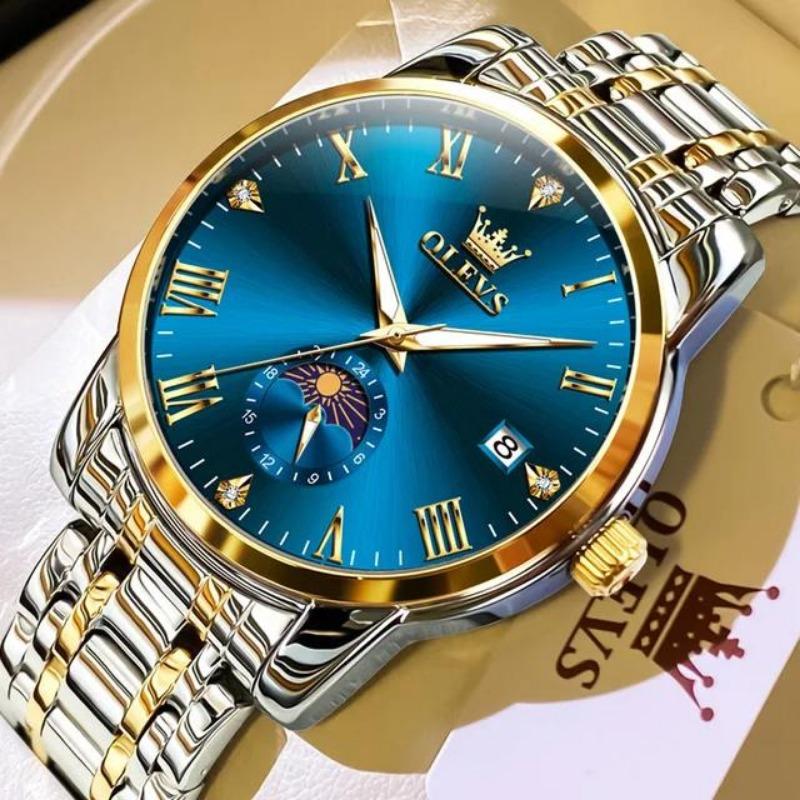 

OLEVS Waterproof Luminous Date Moon Phase Business Watch Men s Wacthes Trend Fashion Original Quartz Wristwatch золотий/синій