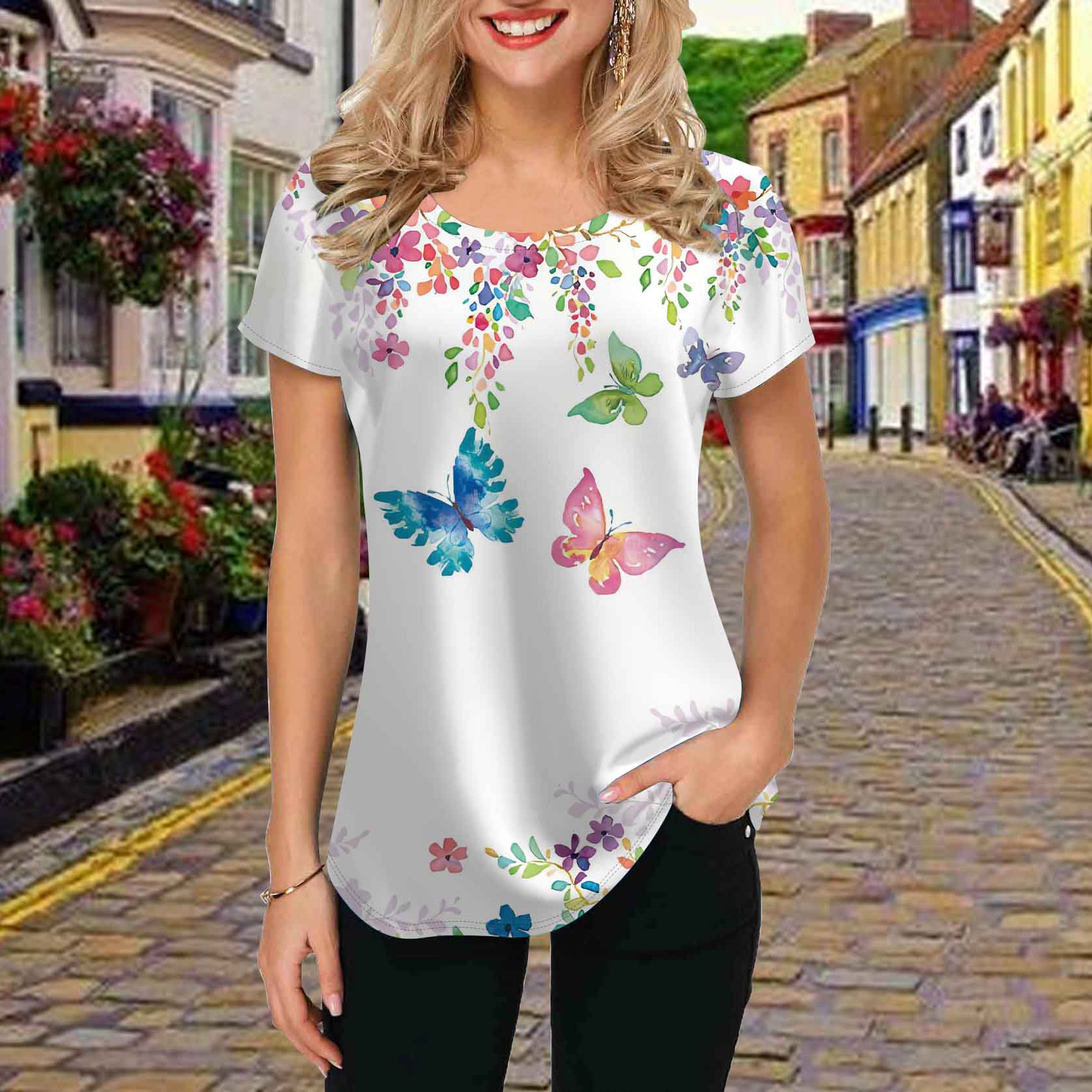 

Модная женская футболка с принтом «Бабочка в цветах», забавная повседневная футболка с круглым вырезом и короткими рукавами, летняя женская футболка 8XL разноцветный