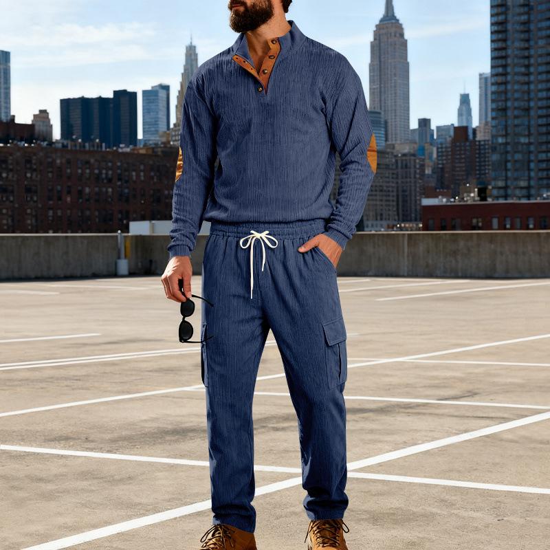 American Men s Outdoor Casual Loose Workwear Commuting Corduroy Henley Button Sweatshirt Suit S
