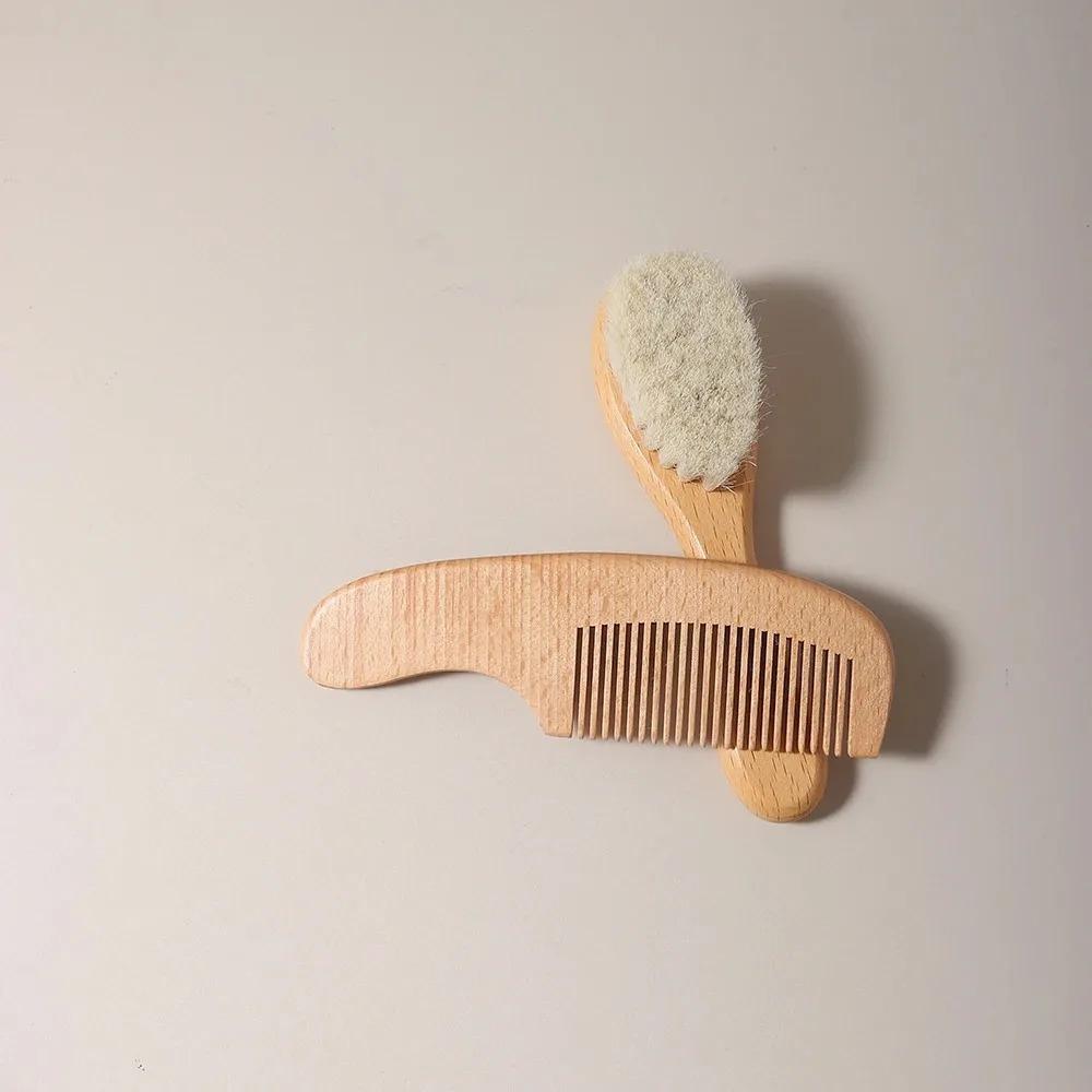 Conjunto de 2 peças de pentes para bebês, escova de cabelo para cuidados com o bebê, pente de lã macia de faia, massageador para recém-nascidos, chá de bebê e presente, calmante para cabelos de bebês