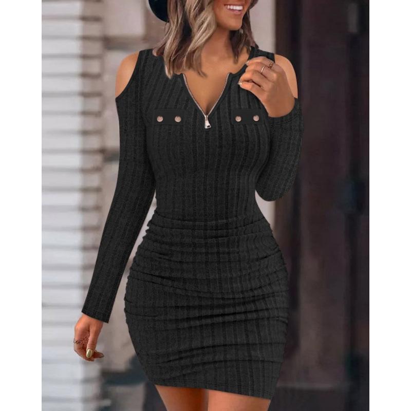 Autumn And Winter Solid Color Zipper V-Neck Tight-Fitting Hip-Wrapped Slim-Fitting Sexy Long-Sleeved Dress For Women