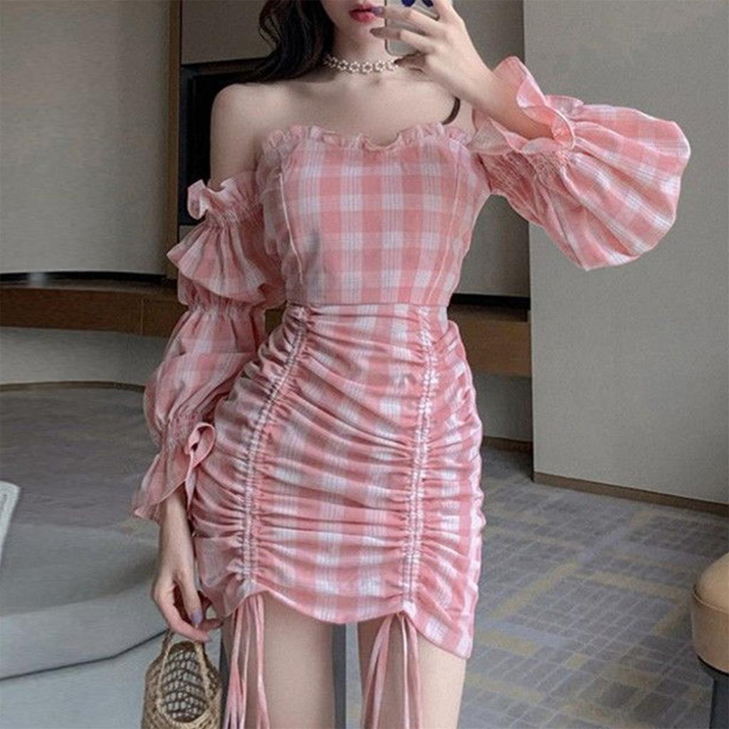 Women Off Shoulder Long Puff Sleeve Plaid Drawstring Bodycon Strapless Dress