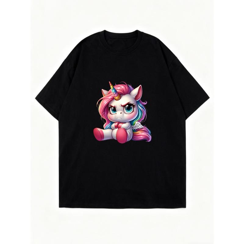 Oversized T Shirt Dress Black Cute Rainbow Unicorn Print For Casual Wear