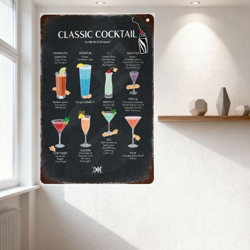 Vintage Klasická Kolekce Koktejlů Kovový Plechový Značka Bar Pub Domácí Dekorace Stěny s Ilustracemi 10 Nápojů Retro Míchačka na Koktejly Des