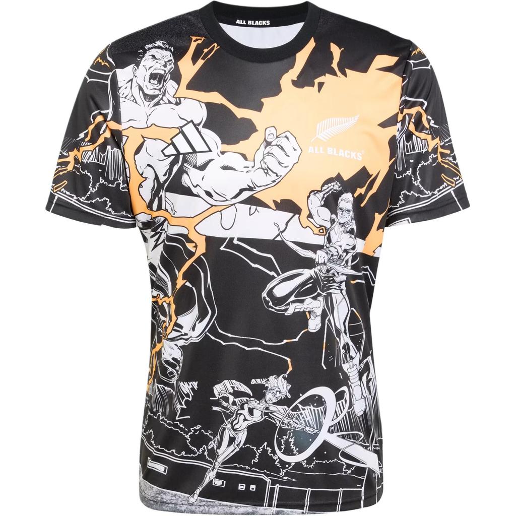 Adidas X Marvel Συνεργασία Ράγκμπι Φθινόπωρο/Χειμώνας 25 All Blacks Captains Run Απορρόφηση Υγρασίας Στενή Εφαρμογή Κουκούλα Κοντομάνικη Μπλούζα Ράγκμπι Ανδρικά κορυφές JV7531