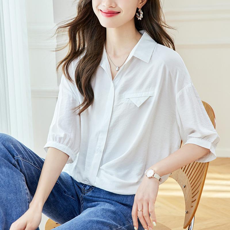 

White Lapel Design and Five-point Sleeve Sleeve Shirt In Summer New Style High-end Feel Loose and Versatile XXL білий