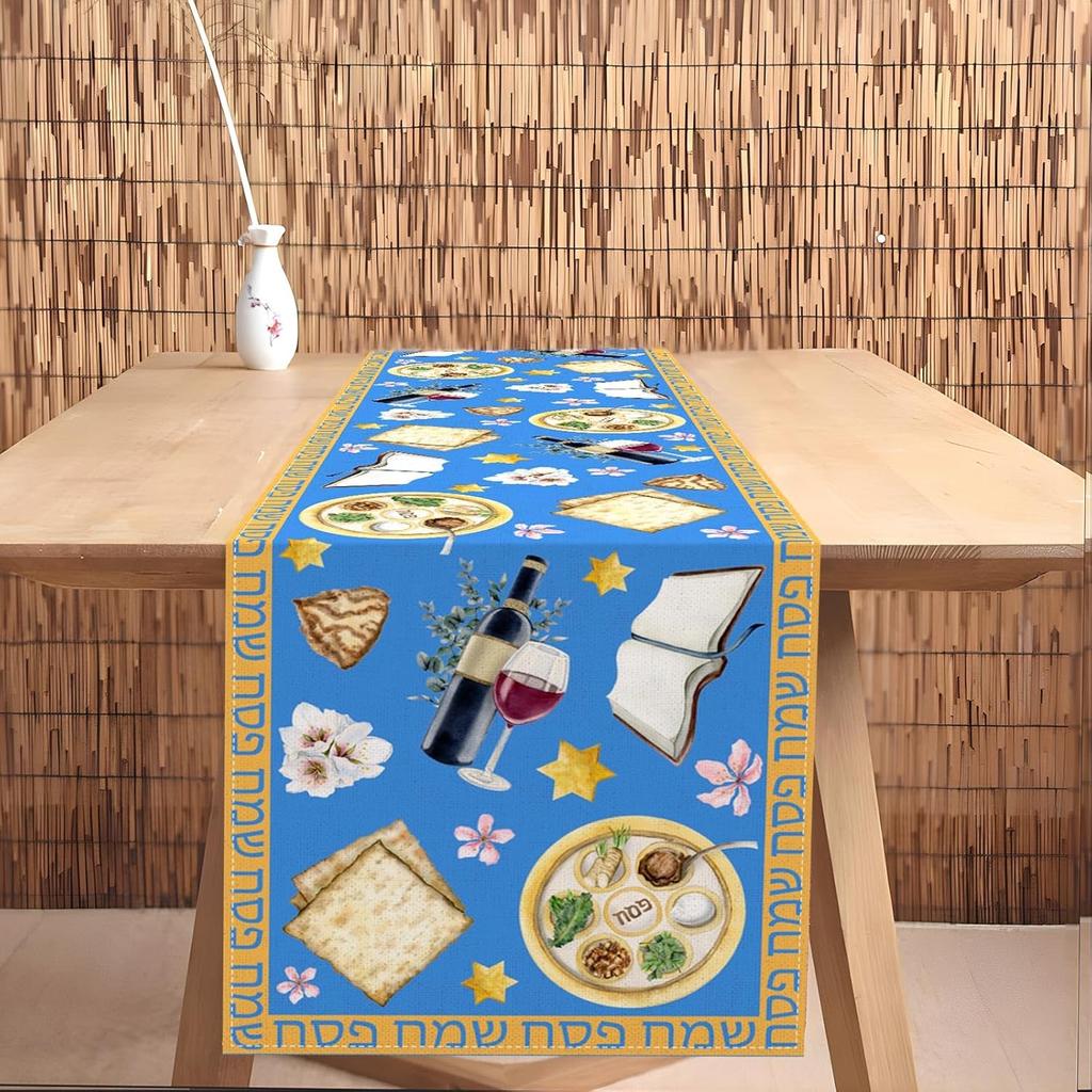 Passover Linen Table Runner Pesach Seder Jewish Party Decoration Matzo Red Wine Home Kitchen Dining Table Runner Passover Decor