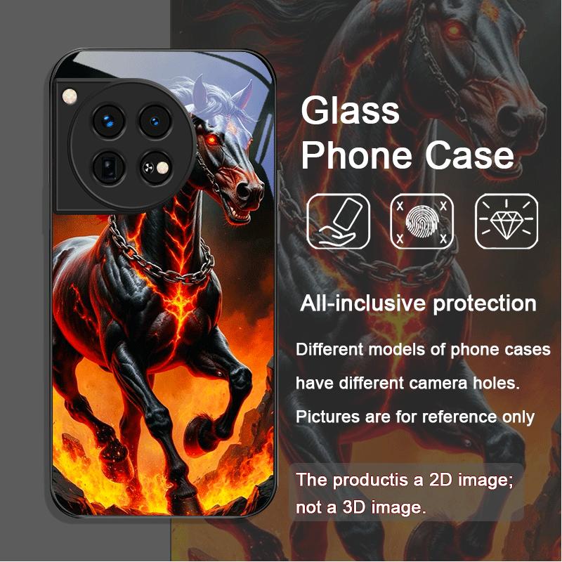Creative Flame Black Horse Pattern Tempered Glass Phone Case for OnePlus 13R 12 11 10 Pro ACE2 ACE3 Nord CE4 CE3 CE2 Lite Cover