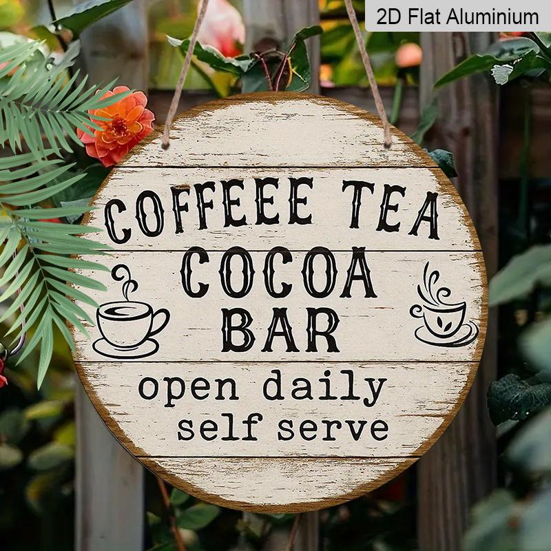 2D Flat, 1pc 7.87x7.87 Inch Round French Aluminum Sign, Vintage Decorative Plaque for "Coffee Tea Cocoa Bar", "Coffee Bar" Decorative Sign, Suitable