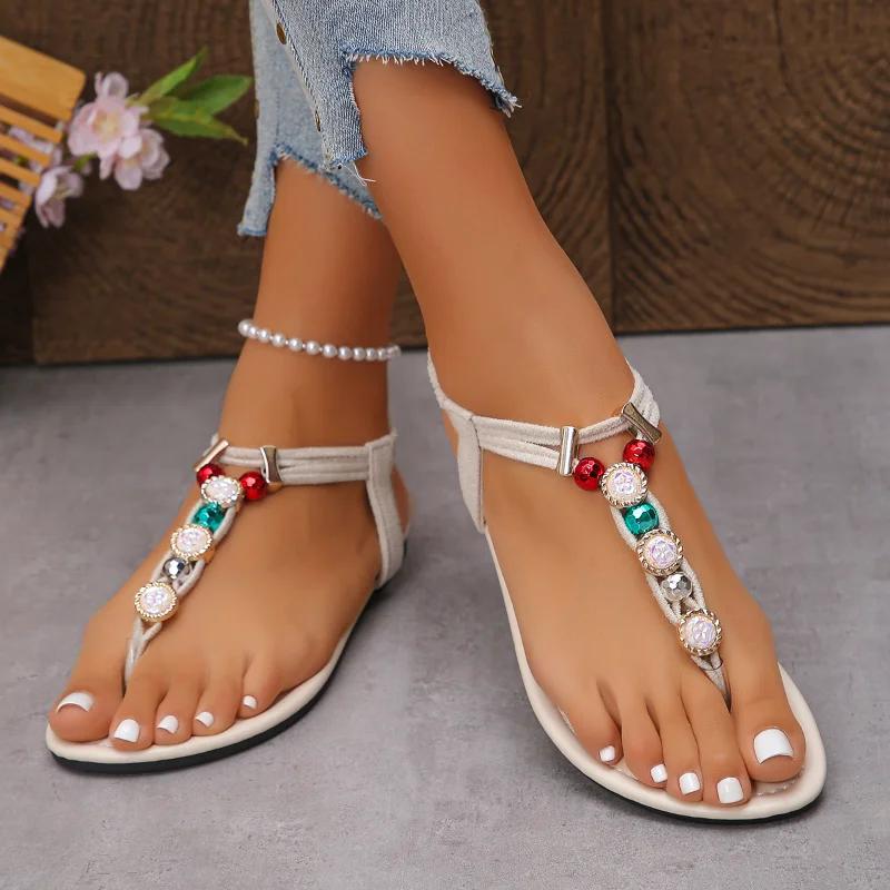 Fashion Retro Bohemian Black Girls Big Pearl Low Sandals 2025 Summer Comfort Shoes for Women Beach Sandals Suit Female Beige Large Size