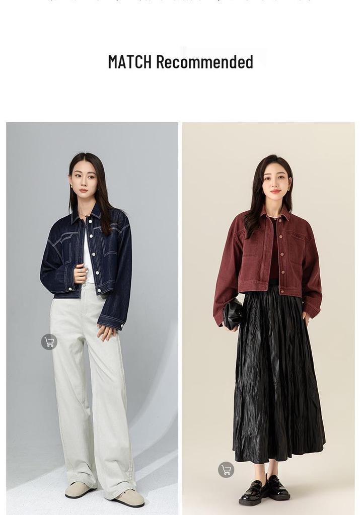 Xin Ge Women's Retro Washed Denim Jacket - Spring Arrival featuring Color Blocking, Contrast Stitching, and Loose Fit Lapel Design.