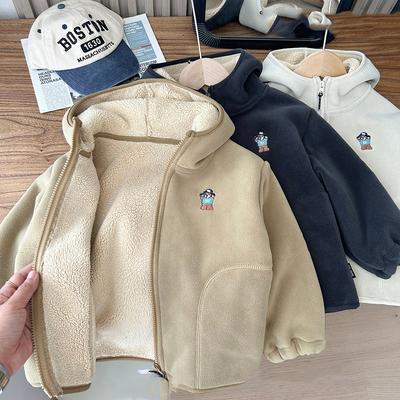 Boys' Coat Polar Fleece Teenage Children's Autumn And Winter Loose Hooded Cardigan Fashion Solid Color Sports Boys' Top