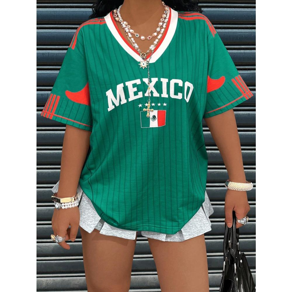 Camiseta Feminina com Estampa do México Verão Manga Curta Caimento Solto Respirável Gráfica Patriótica para Uso Diário Casual Streetwear ao Ar Livre