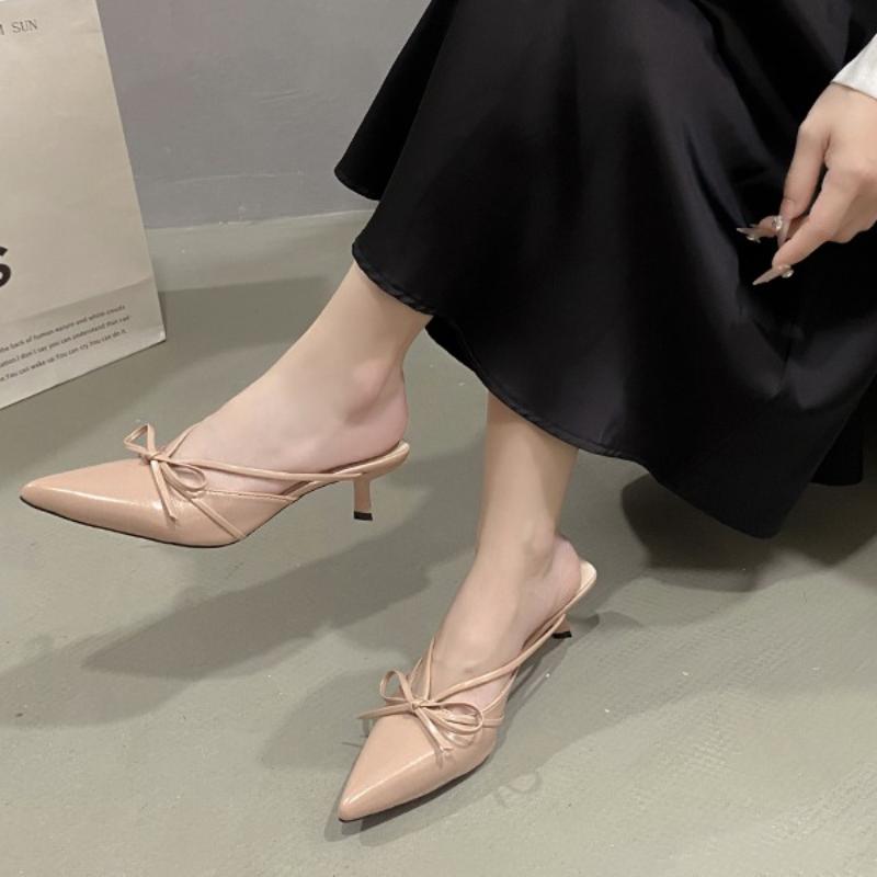 Fashion 2025 New Baotou Stiletto Slippers Summer New Pointed Toe Shallow Mouth Bow Slip Foot Anti-slip Wear-resistant High Heels
