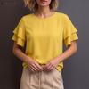 Women Casual Round Neck Solid Color Ruffles Short Sleeve Elegant Blouse