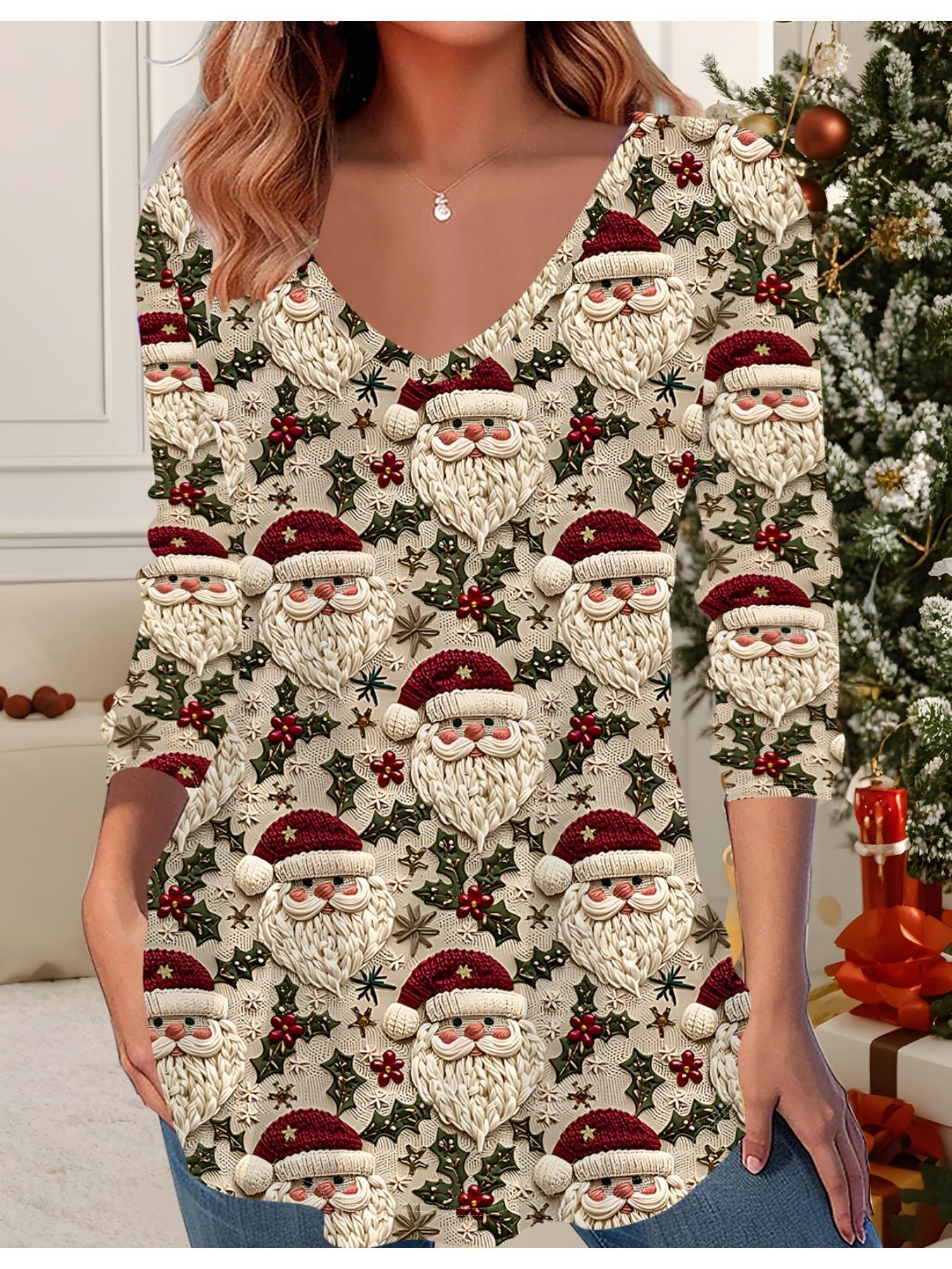 

3D Рождественская Принтованная Модная Повседневная Женская Футболка с V-образным вырезом и длинным рукавом - Одежда для новогодней вечеринки, Праздничный подарок 6XL