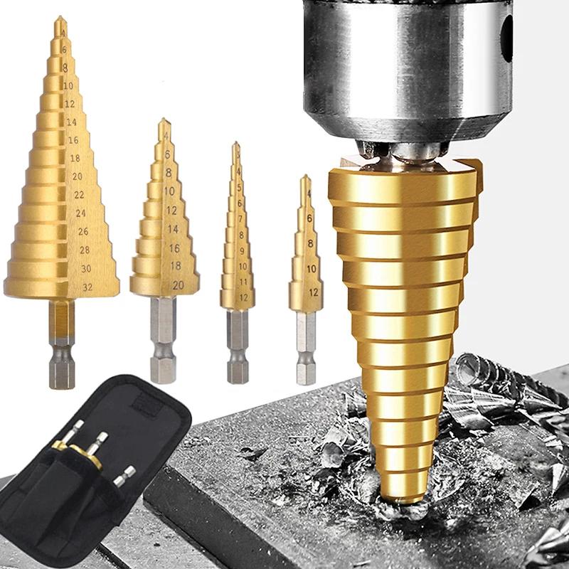 High Speed Steel Straight Groove Step Drill Bit Set, Titanium Coated Wooden Metal Hole Milling Cutter Core Drill Bit Set
