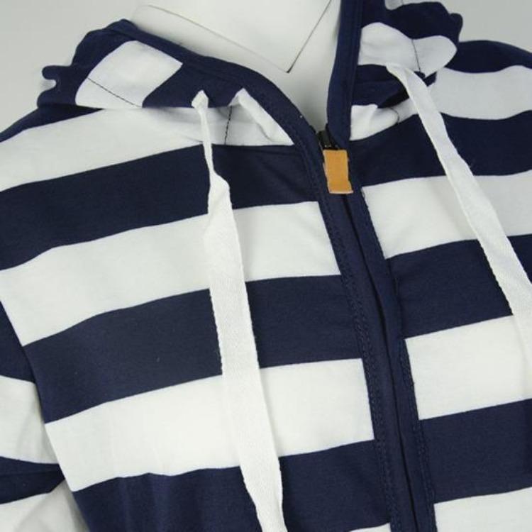 Winter Fashion Women Hoodie Coat Striped Print Long Sleeves Drawstring Pockets Zipper Closure Sweatshirt Jacket Autumn Winter
