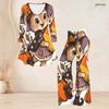 Women Plus Size Two Piece Set Round Neck Three Quarter Sleeve Bear Pumpkin Printed Flared Top And Flared Pants