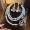 French Diamond Flower Pearl Necklace Earrings Set Retro Elegant Light Luxury Banquet Style Exquisite High-end Jewelry